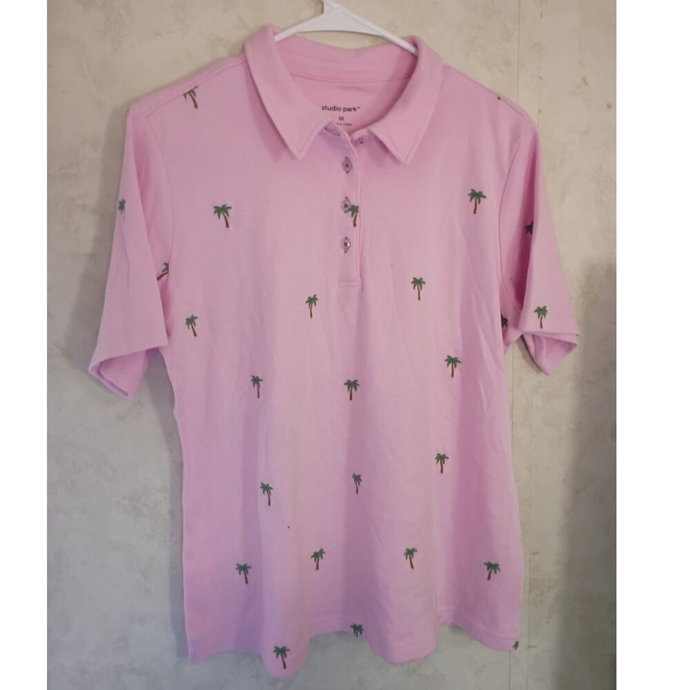 Studio Park Men Pink Palm Tree Embroidered Polo Resort Golf Coastal Preppy M